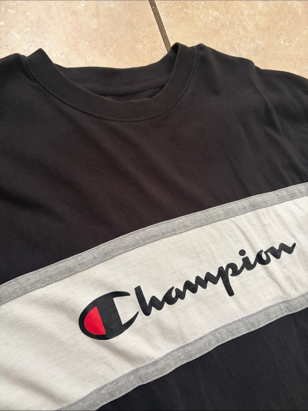 Like New, Champion Black Short Sleeve Tee with White Chest Panel and Logo - Picture 2 of 4